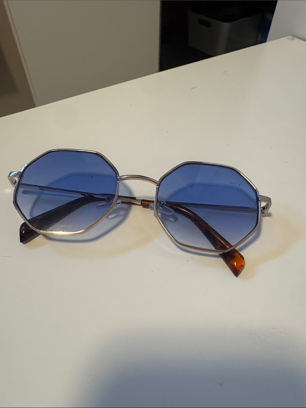 Aerie Octagonal Blue Lens Fashion Sunglasses with Silver Frame